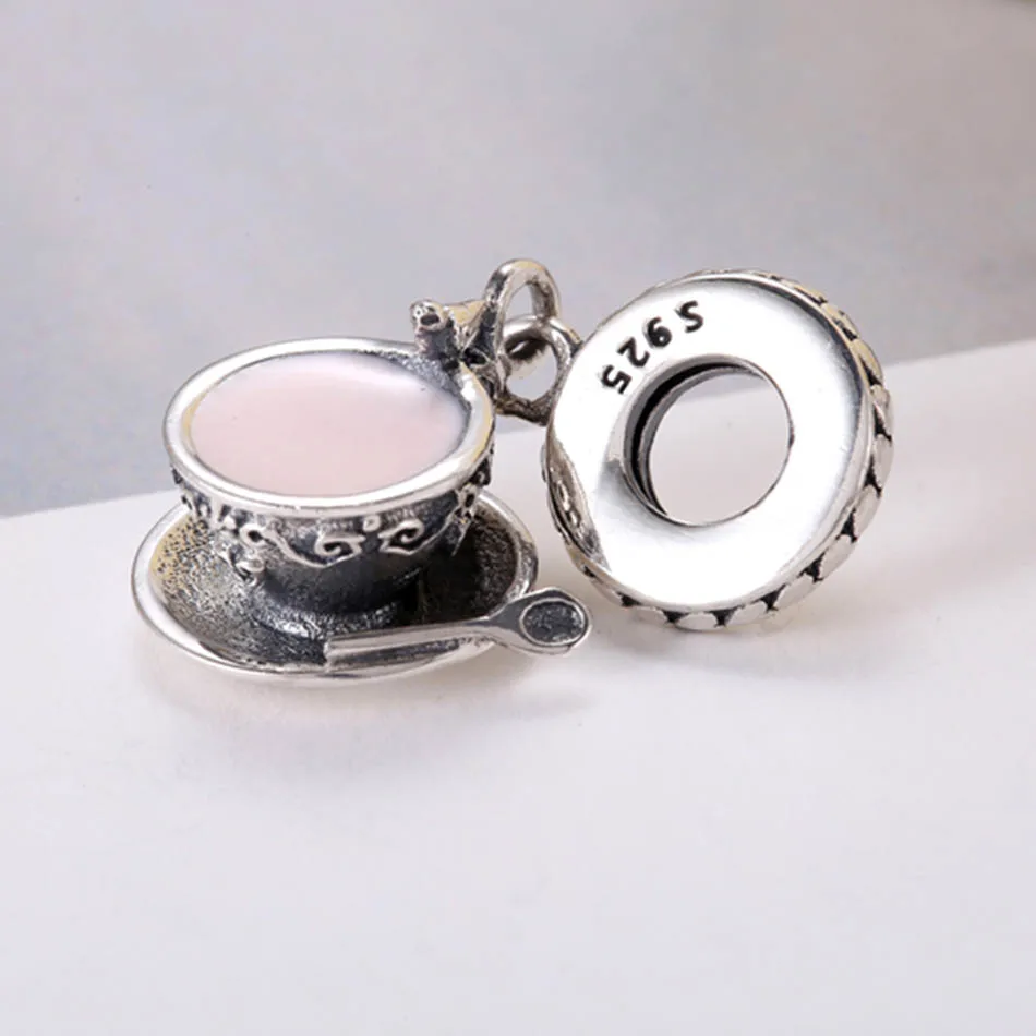 Authentic S925 Silver Pendant DIY Jewelry Enchanted Tea Cup Dangle Charm fit Lady Bracelet Bangle Pink Enamel