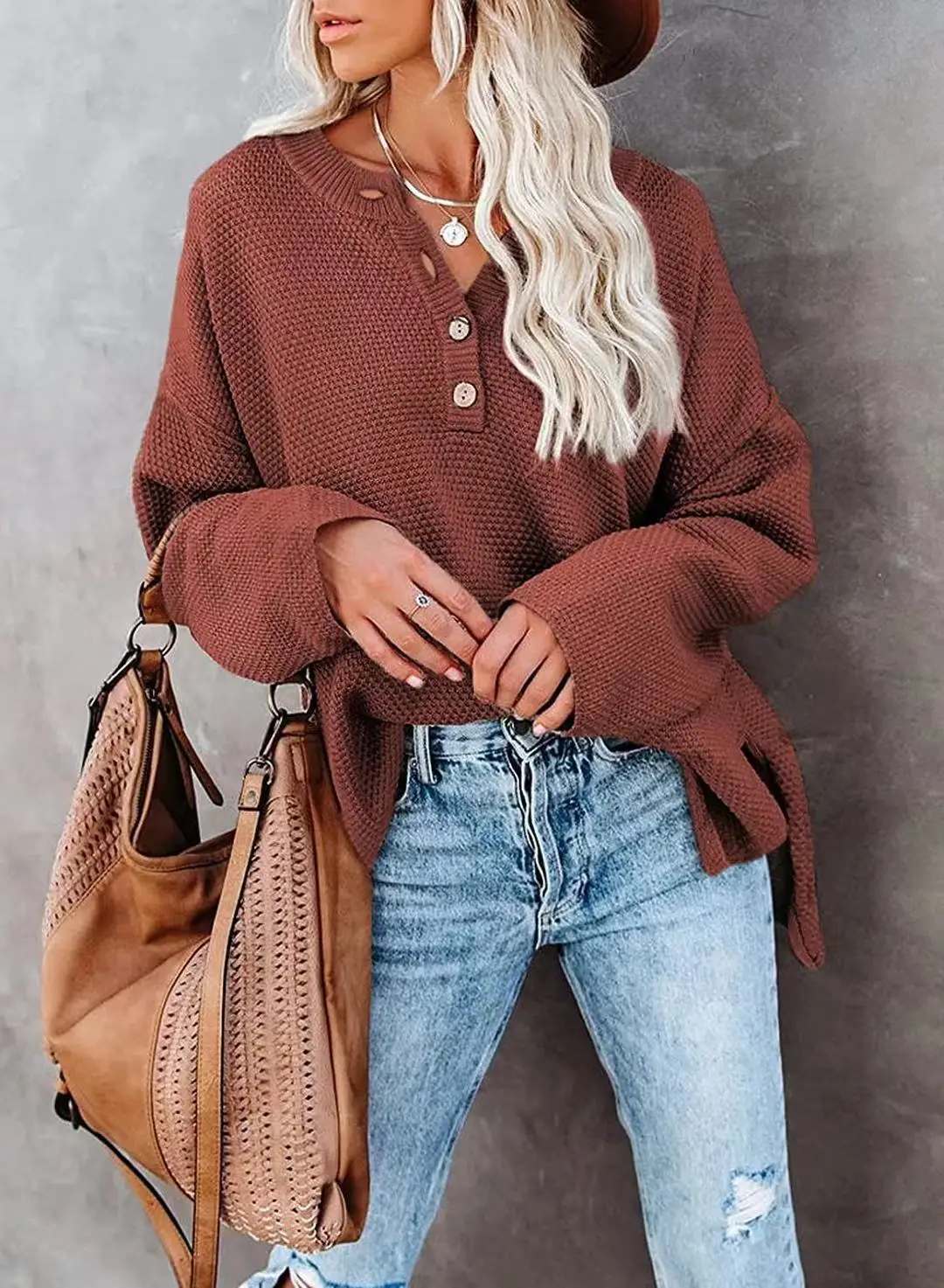 Casual O Neck Buttons Front Knitted Sweater Women Solid Basic Long Pullover Winter Spring Fashion Clothing Top 2021