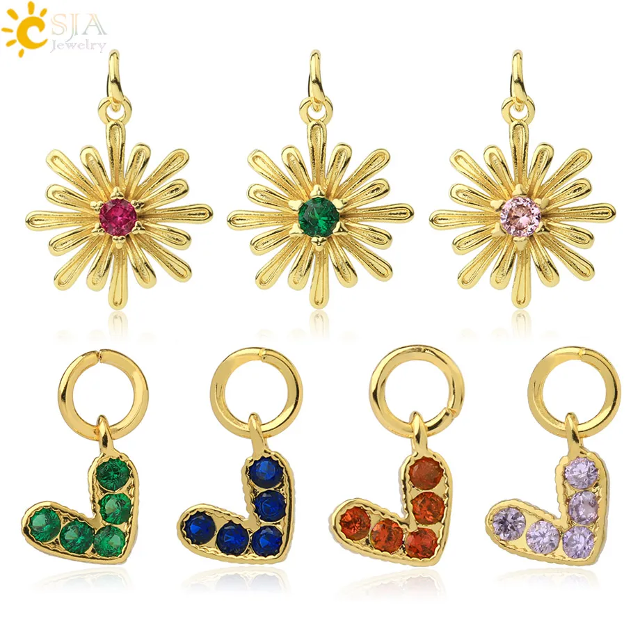 CSJA Flower Mini Heart Charms for Jewelry Making Gold Color Pave Cubic Zirconia Charms CZ Crystal Pendant Bracelet Earrings S740