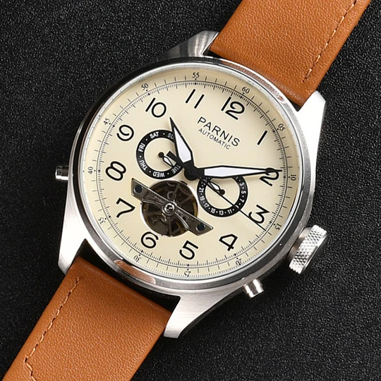 

Parnis New 48mm Big Dial Men Watch Automatic Mechanical Brown Strap Calendar Week Display Mens Watches relojes para hombre