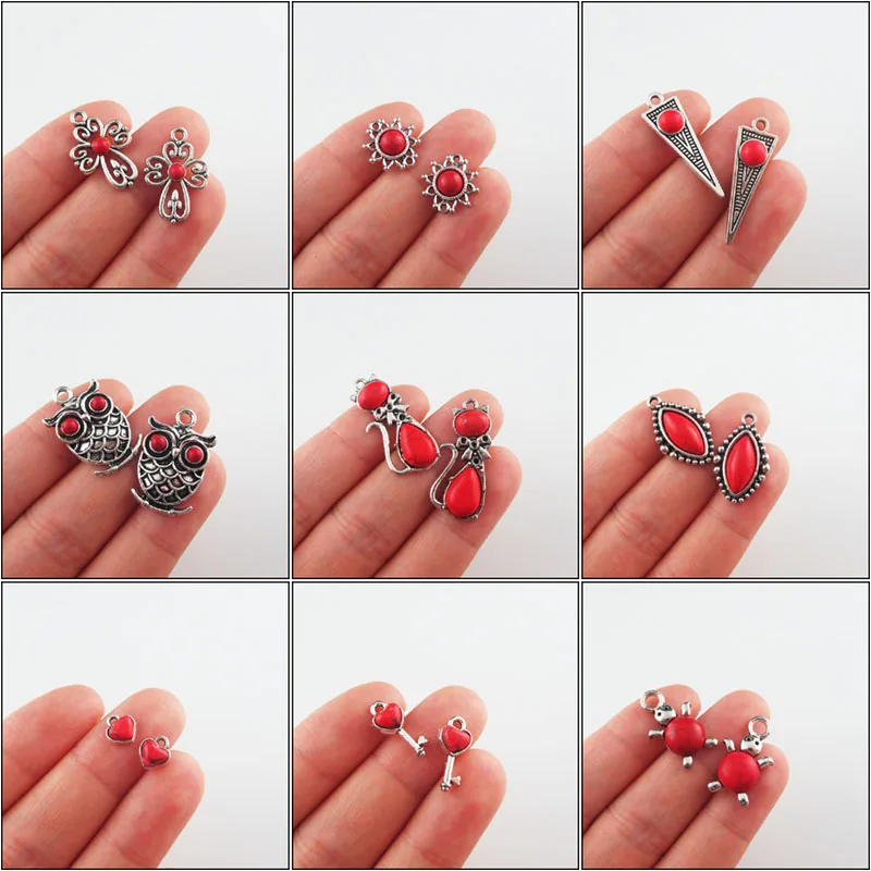 New Red Turquoise Stone Charms Cat Owl Cross Flower Key Oval Tibetan Silver Plated Pendants Retro