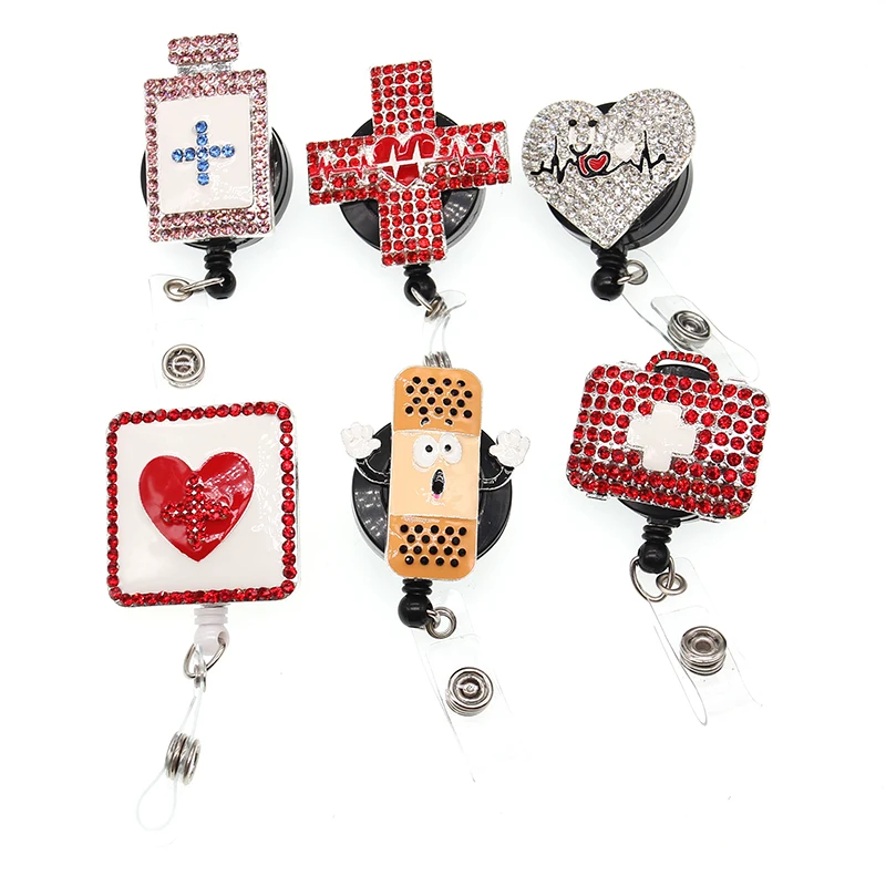 

20pcs/lot Mix Designs Medical Nurse Heart Stethoscope Rhinestone Bling Retractable Card Badge Holder