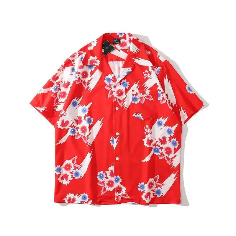 

Shirt 2022 Summer Hibiscus Short-Sleeved Flower Shirt Hong Kong Style Retro Printing Loose Trend Fashion Lapel Beach Shirt