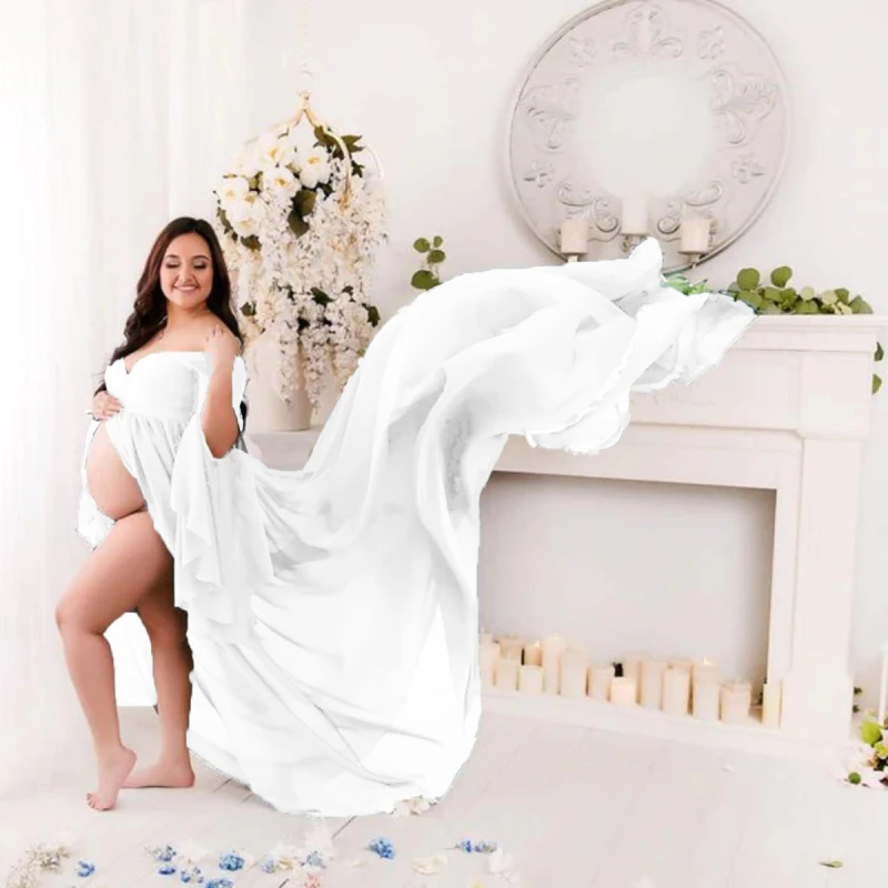 Shoulderless Maternity Dresses For Baby Shower Sexy Split Front Pregnancy Maxi Gown Photography Pregnant Women Photo Shoot Props