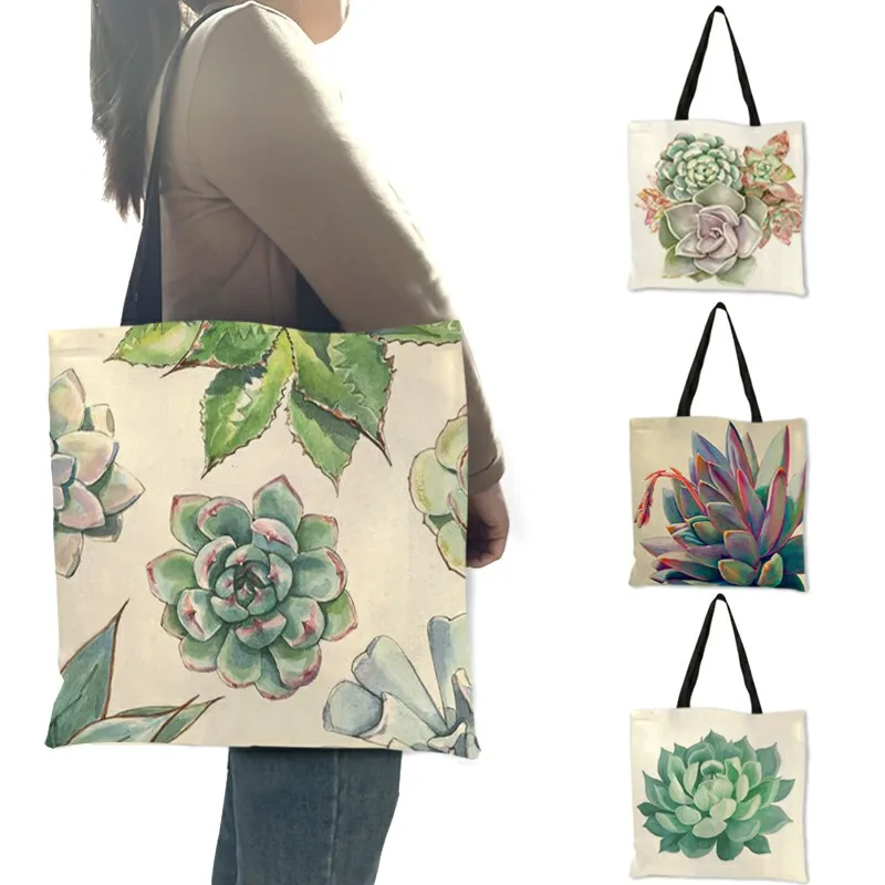 

Watercolor Tropical succulent Plants Print Linen Bag Floral Tote Bags For Women Folding Reusable Shopping Bags Traveling Bags