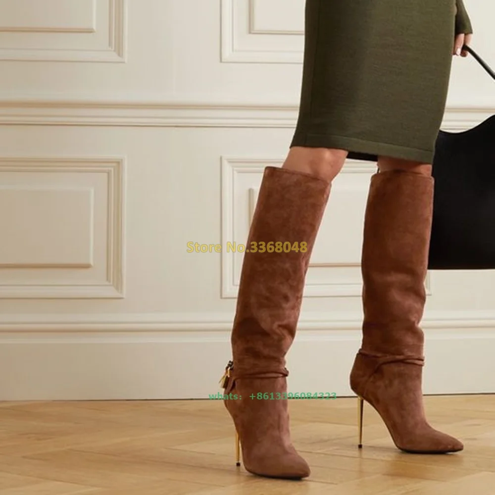 Padlock Key Soft Suede Knee High Boots Sexy Pointed Toe Stiletto High Heel Ankle Strap Adjustable Winter Spring Autumn Boots