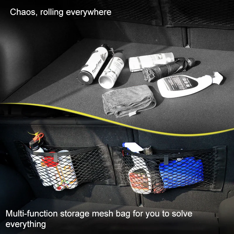 Car Rear Seat Storage Bag Trunk Mesh Auto Organizer Double-deck Elastic String Net Magic Sticker Pocket Bag Car Trunk Organizer