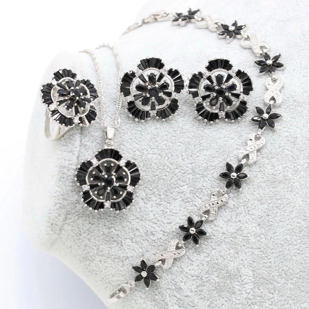 Black Flower Cubic Zirconia Silver 925 Jewelry Sets Women With Earrings Bracelet Necklace Pendant Ring Birthday Gift