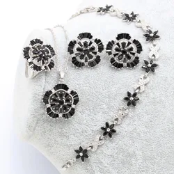 Black Flower Cubic Zirconia Silver 925 Jewelry Sets Women With Earrings Bracelet Necklace Pendant Ring Birthday Gift