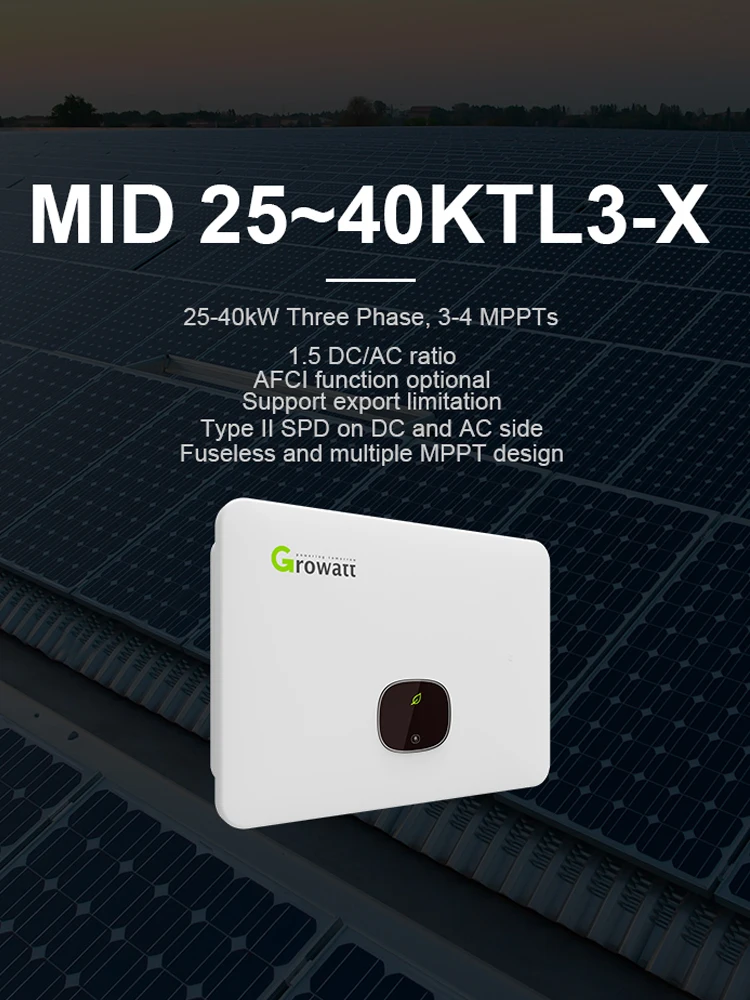 Инвертор Growatt On Grid 25 кВт 30 кВт 33 кВт 40 кВт 380 В 3 фраза OLED 50/60 Гц AFCI 3 MPPT чистая Синусоидальная волна Wifi MID 30 ~ 40KTL3-X