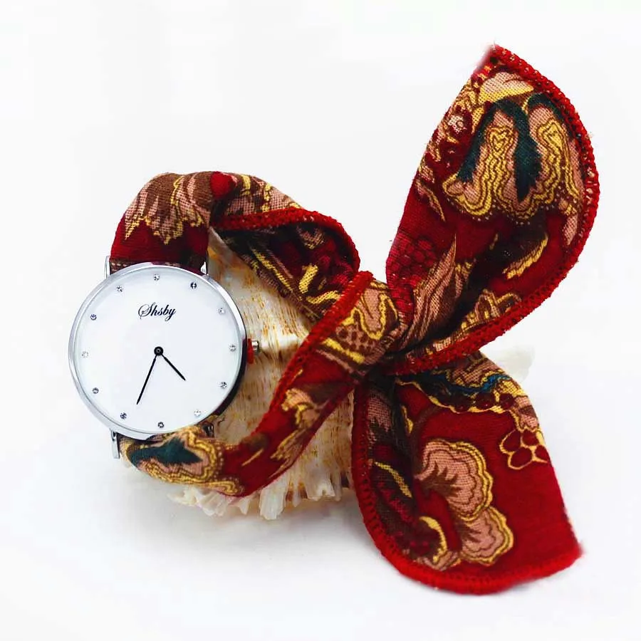 Shsby Ladies Flower Cloth Wristwatch Women Dress Watch Fashion Girl Casual Quartz Watch Big Dril Dial Fabric Clock Birthday Gift