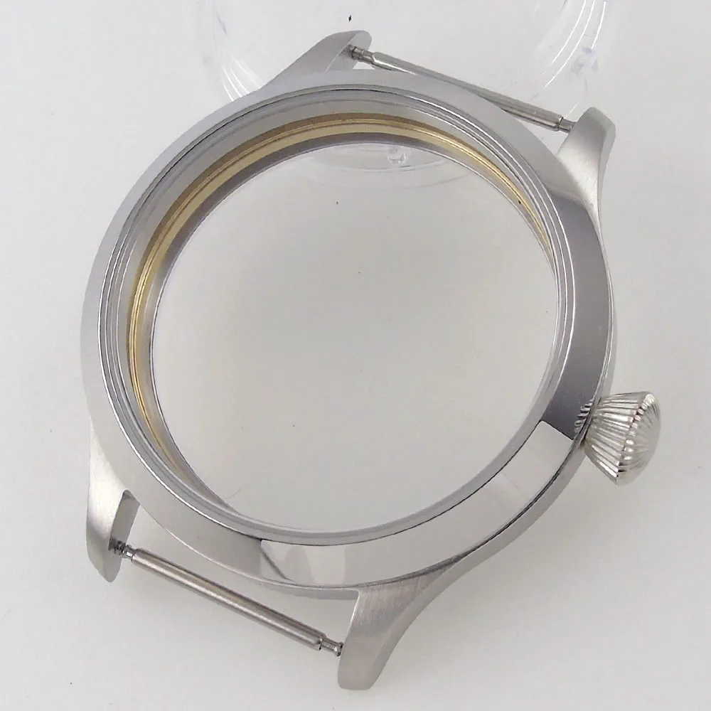 

45mm Watch Case Fit For ETA 6497/6498 ST 3600/3620 Handing Wind Movement Polished Bezel See-through Back Cover Mineral Glass