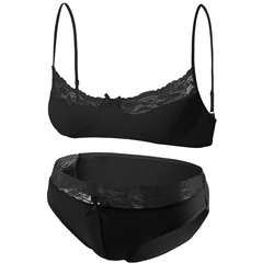 Mens Two-piece Lace Trim Lingerie Set Sissy Underwear Adjustable Spaghetti Strap Bra with Low Waist Briefs