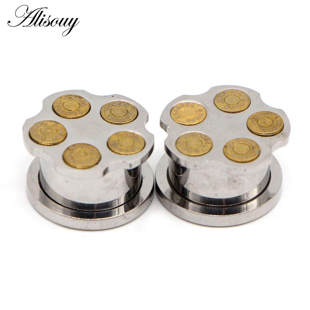 Alisouy 2PCS 6-16mm Stainless Steel Ear Tunnels Plugs Black Silver Color Expander Stretcher Ear Gauges Piercing Body Jewelry