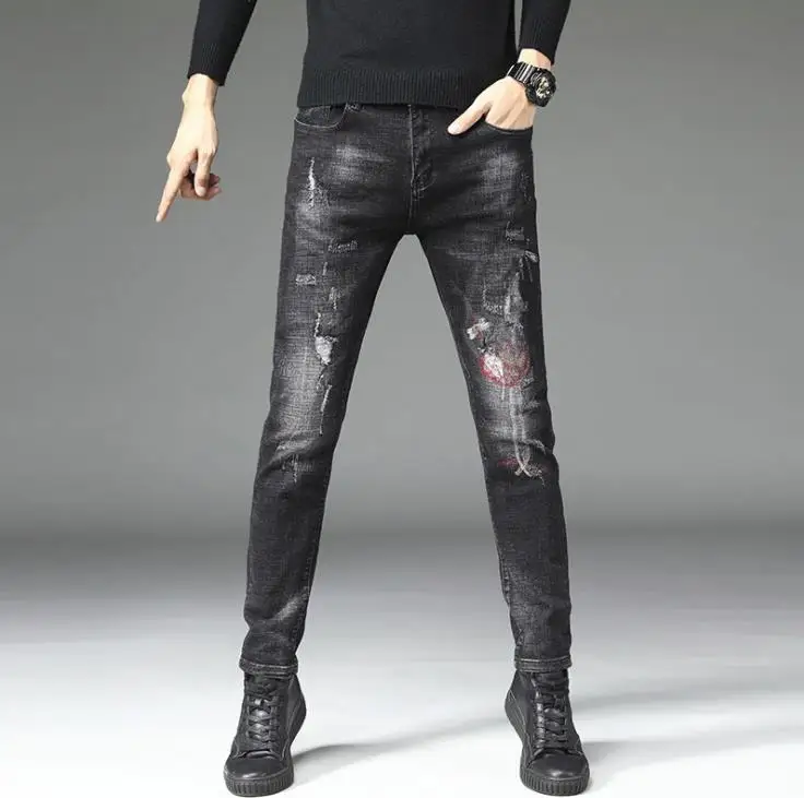 Fashion Mens TOP Flower Bird Emboridered Torn Patched Holey Washed Skinny Slim Fitted Black Stretch Denim Jeans #9129