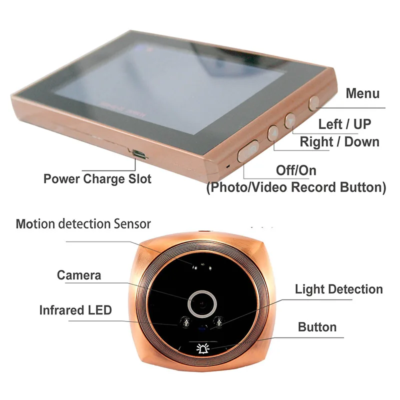 Visualizzatore della porta superiore videocamera spioncino rilevamento del movimento Monitor da 4.3 "campanello digitale campanello Video-registrazione vocale di sicurezza degli occhi