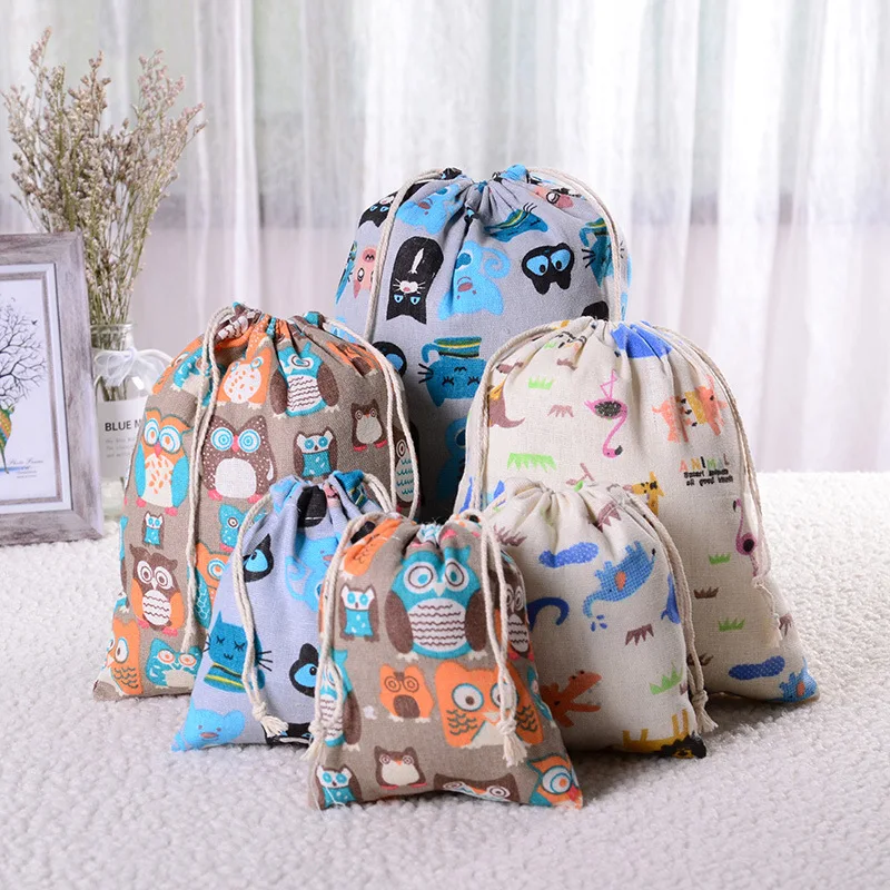 

Printed cotton drawstring pocket linen bag sundry storage bag travel gift packaging bag