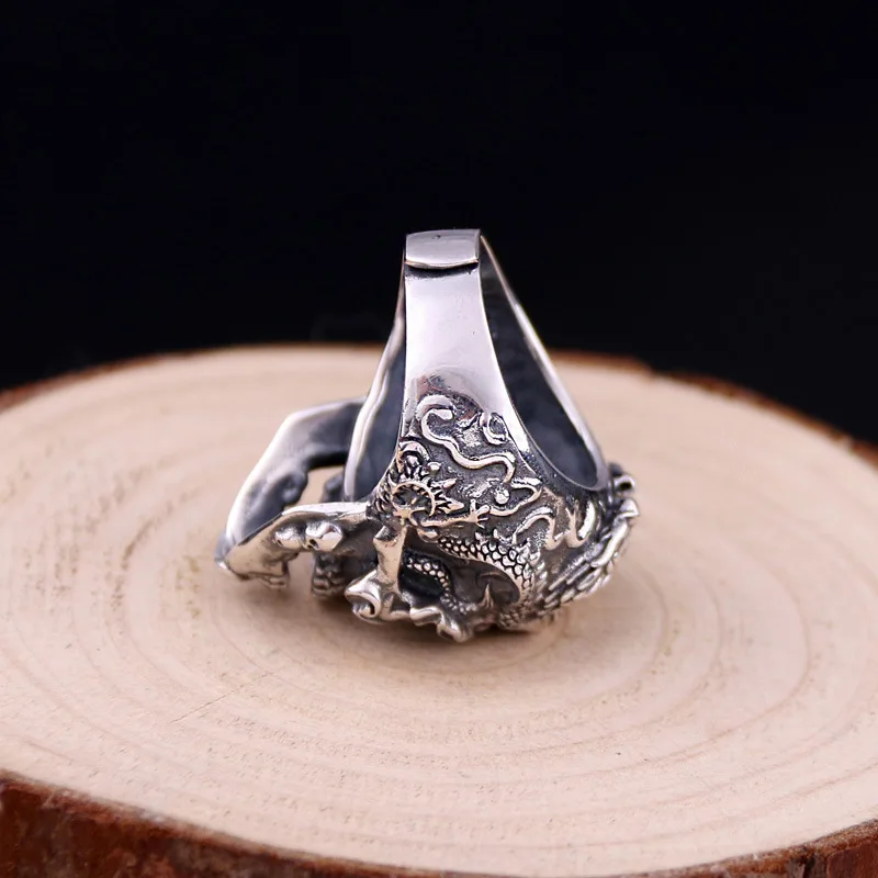 Men Adjustable 925 Sterling Silver Skull head Carving Finger Ring Mens Engrave Ancient Dragon Thai Silver Skeleton Jewelry