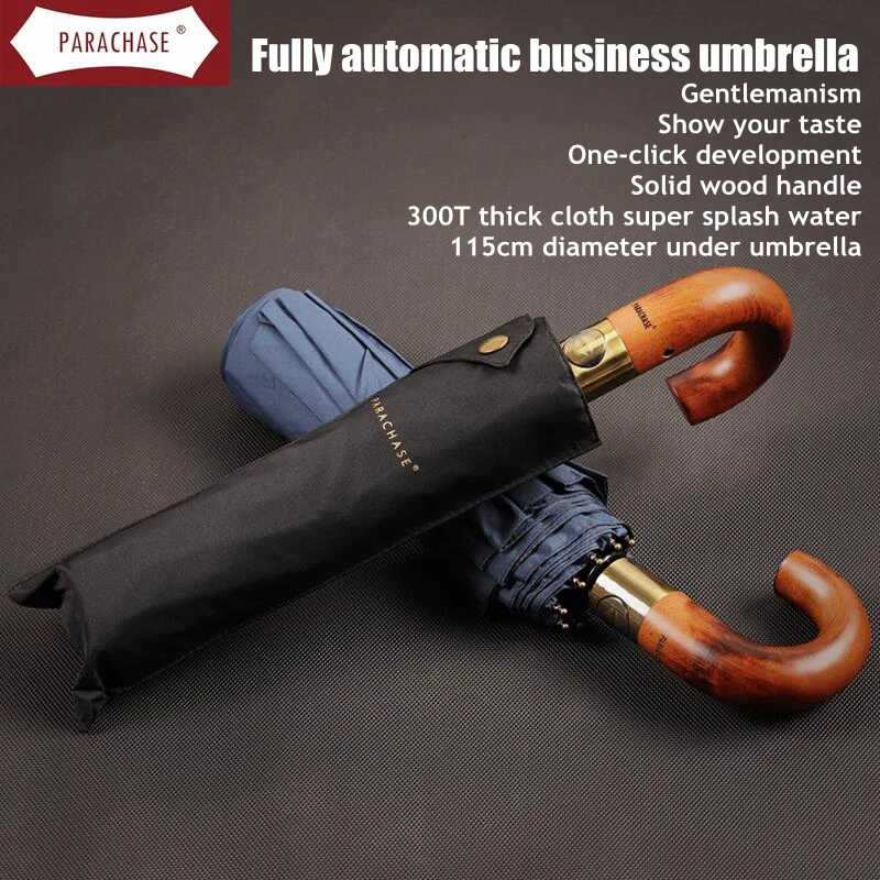 

Wind Resistant Business Advertising Umbrella, 3 Fold Solid Wood Curved Handle, 300T Solid Color, 10 Bone Reinforced, Sunny