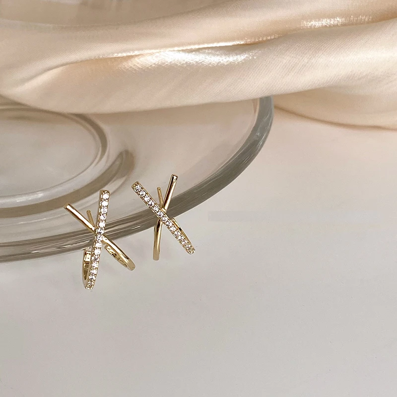 2023 New Design Metal Zircon Cross X Gold Colour Earrings For Woman Elegant Accessories For Korean Fashion Jewelry Party Girls