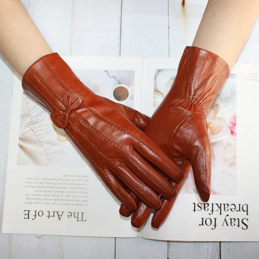 New Style Leather sheepskin gloves women's mid-length stripes plus velvet warm autumn and winter windproof free shipping