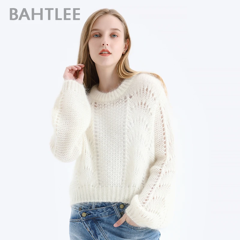 BAHTLEE-Women\'s Lantern Sleeves Knitted Sweater, Loose Pullover, Short Wool Jumper, Hollow Out, Autumn, Winter
