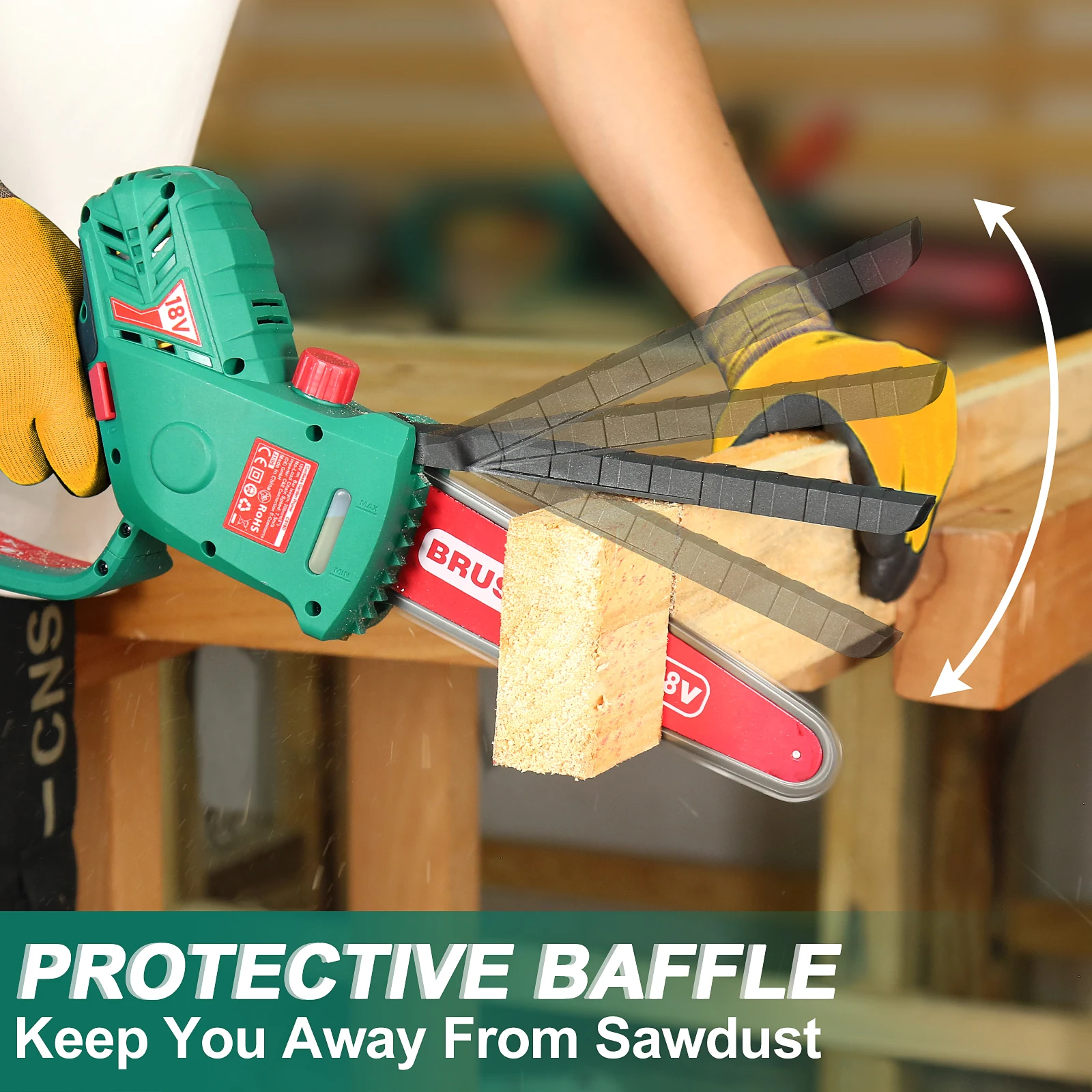 HYCHIKA Brushless Cordless Chain Saw 18V 6 Inch Mini Rechargeable Chainsaw with Battery-powered Electric Saw Tools for Cutting
