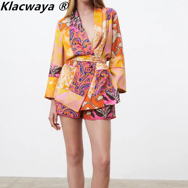 Klacwaya 2021 Women Shirts Vintage With Belt Printed Kimono Blouses + Female High Waist With Drawstring Short Pants Ladies Suit