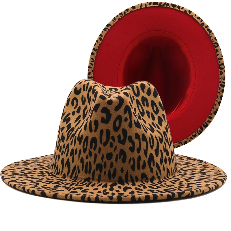 

NEW Wide Brim Leopard Red Bottom Fedora Ladies Wool Felt Hat Women Men Party Trilby Jazz Church Hats Patchwork Panama Cap