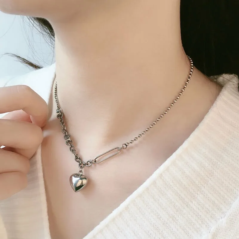 Silver color Necklace Ladies Elegant Chain Necklace Fashion Heart Shape Sterling Silver Jewelry Round Necklace