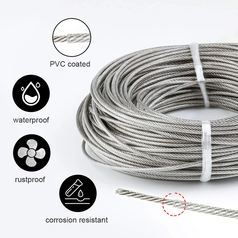 30m/100ft filo da giardino/ringhiera per cavi/kit di rotoli per recinzione metallica corda per cavi in acciaio inossidabile 304 resistente rivestita in PVC