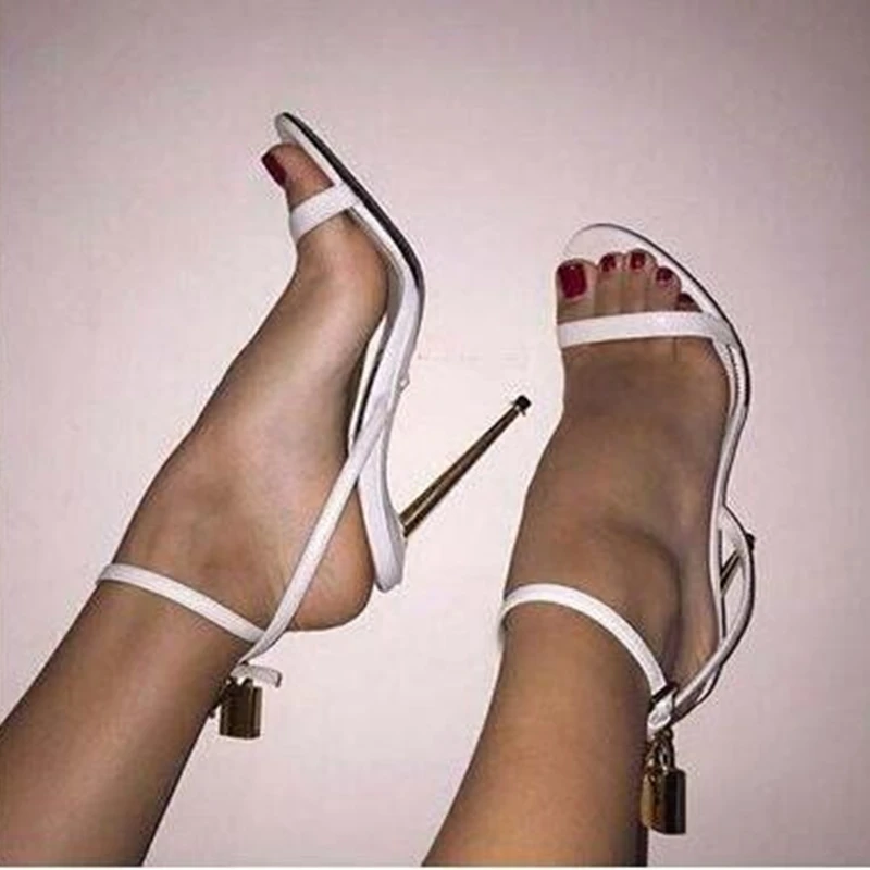 

Concise Woman Sandals Metallic Lock Decor Open Toe Cut Out One Strap Summer Shoes Ankle Buckle Metal Blade Feminine Shoes