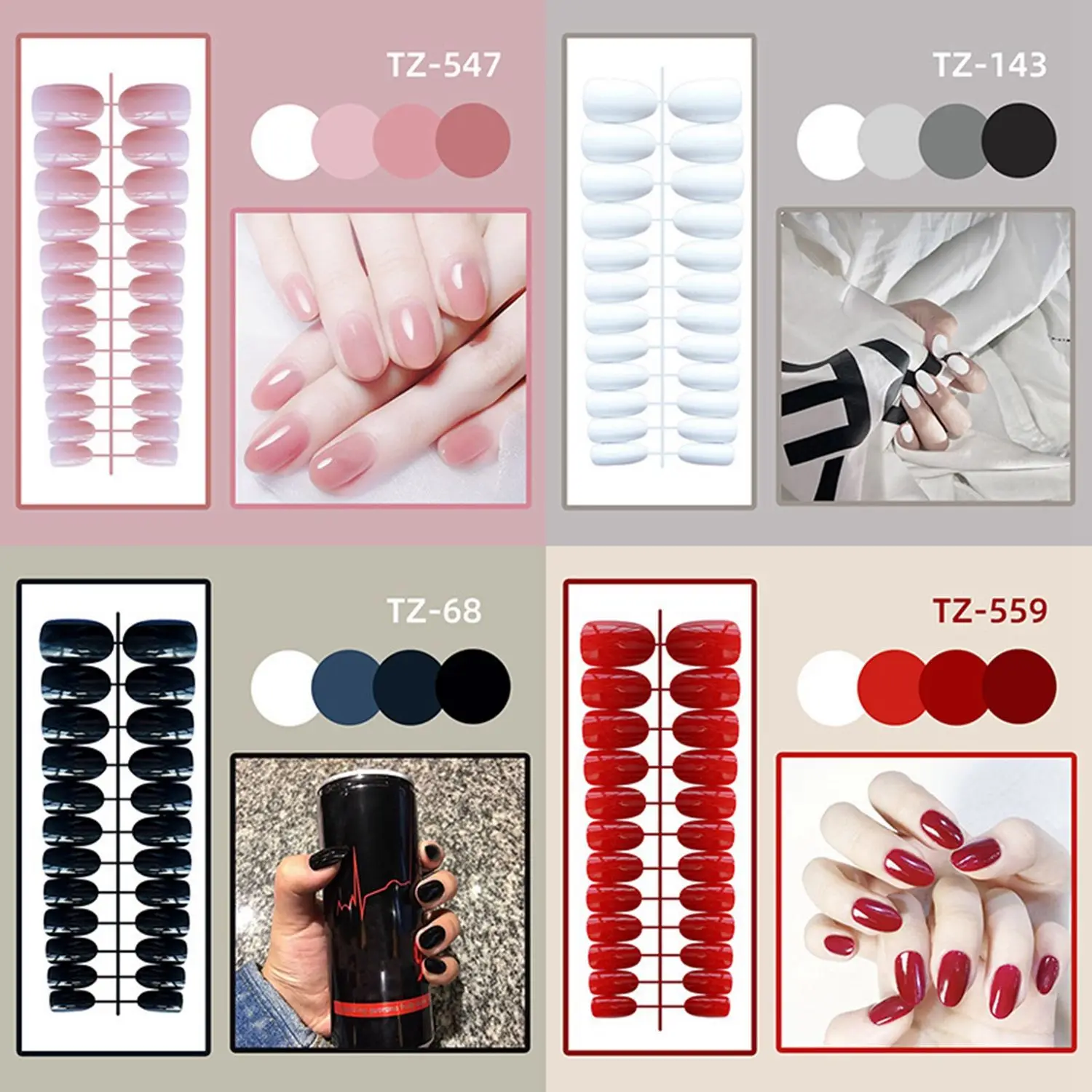 24 Pcs/Bag Short Round Head False Nails Jelly Color Wearable Fake Nails Full Cover Nail Tips Press On Nails With Press Glue