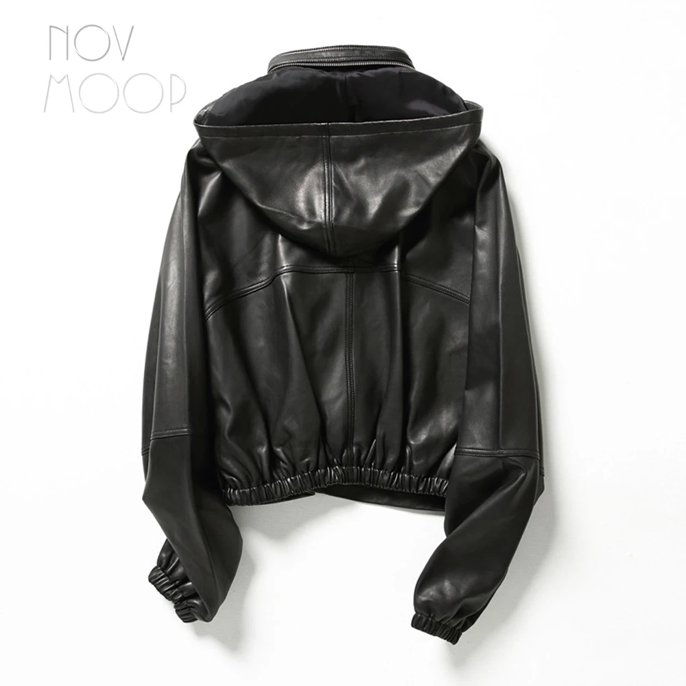 Novmoop European chic style women spring black elastic waist lambskin genuine leather splice hooded jacket chaqueta mujer LT3046