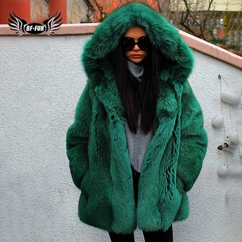 Luxury Green Natural Real Fox Fur Coat With Big Hood Thick Warm Winter Genuine Blue Fox Fur Jacket For Women Fur Coats Trendy