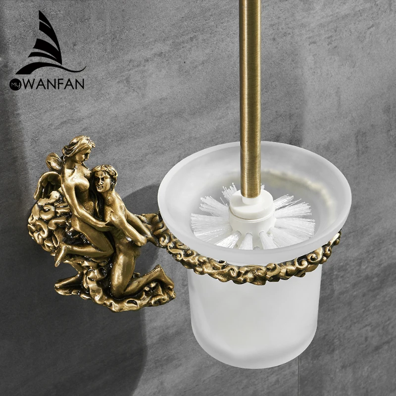 Romantic Toilet Brush Holder, Gold/Silver Toilet Bowl Brush Set with Glass Cup Brass Handel Replaceable Brush Head MB-0811B