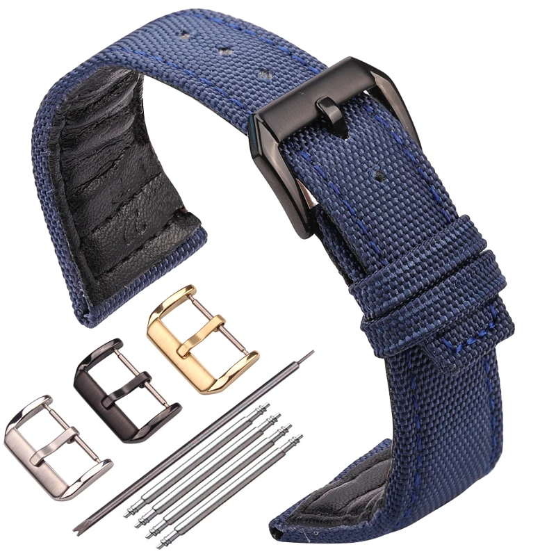 Canvas Nylon + Genuine Leather Watchband 20mm 21mm 22mm Black Green Blue Women Men Watch Band Strap With Pin Buckle