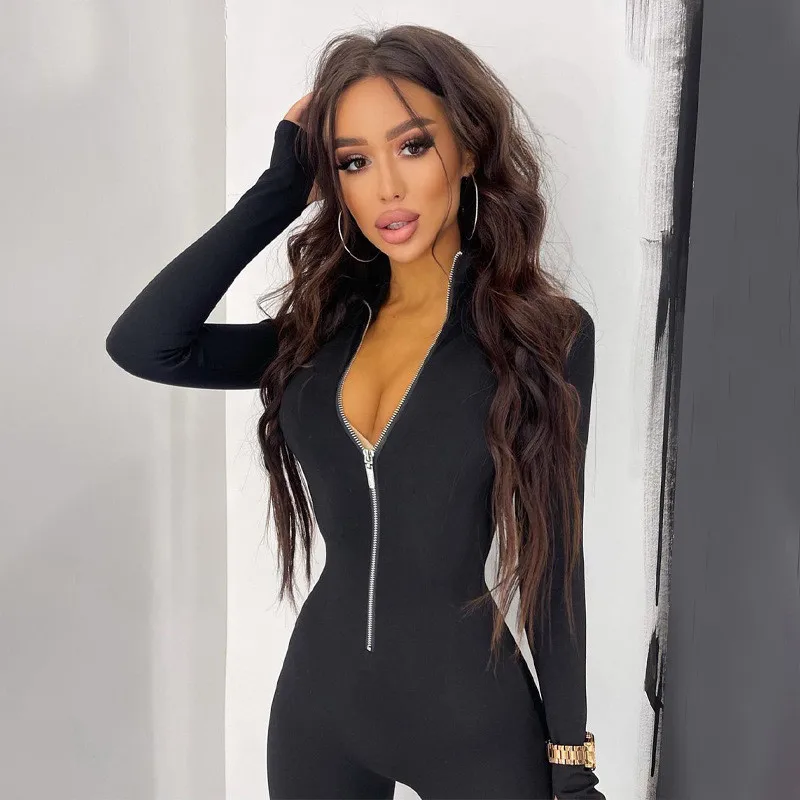 CNYISHE Fitness Outfit Female Casual Sporty Workout Zipper Jumpsuit Women Rompers Long Sleeve Skinny Activity Wear Overalls Tops