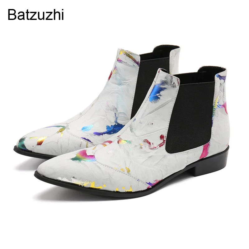 

Batzuzhi New Design Men's Shoes Pointed Toe Black White Soft Leather Ankle Boots Men Slip on Fashion Motorcycle Botas Hombre