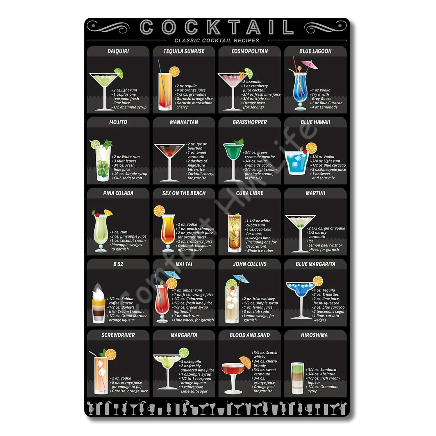 Vintage Classic Cocktail Recipes Tin Sign Retro Whiskey Gin Tequila Metal Signs for Bar Restaurant Home Art Wall Decor 12x8 Inch