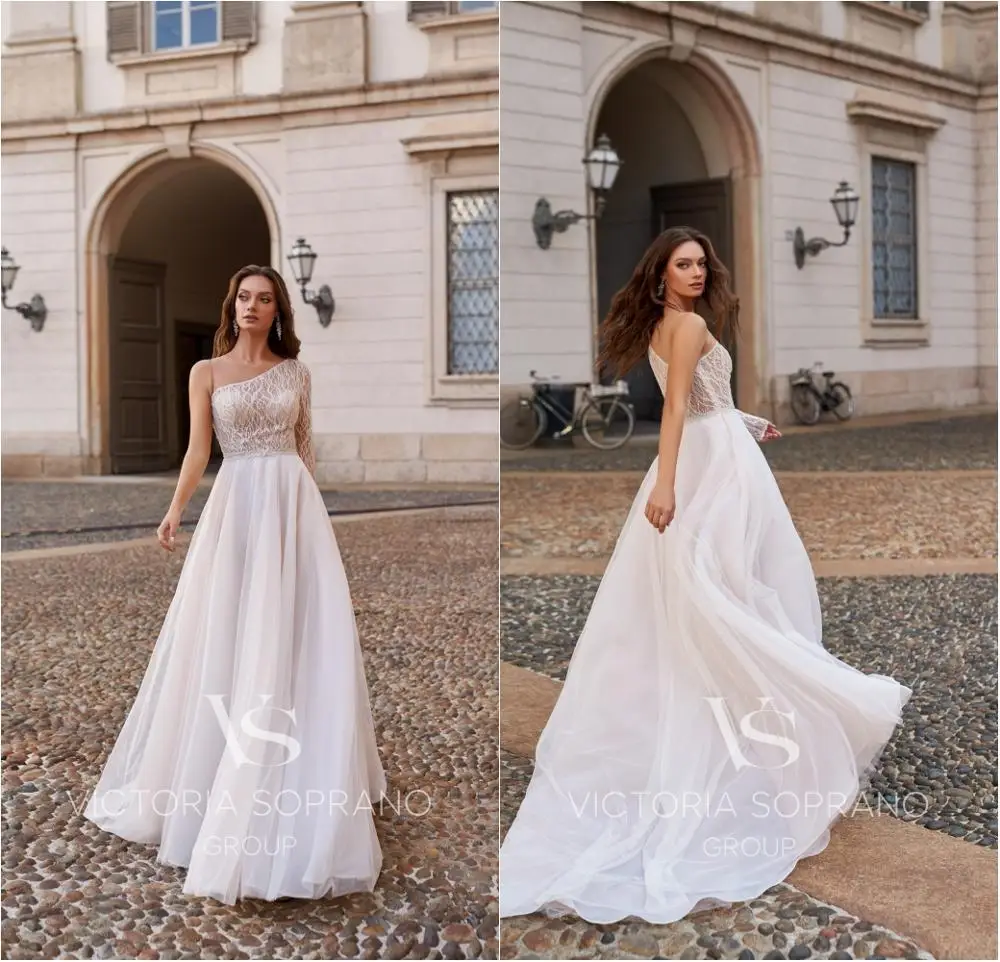 Um ombro vestidos de casamento rendas lantejoulas uma linha varredura trem boho vestido de casamento mais tamanho feito sob encomenda simples roupões de mariée