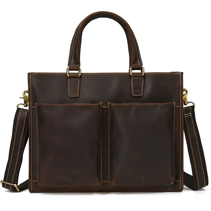 Newsbirds Mens Leather Handbag 15.6 Inch PC Notebook Laptop Briefcase Shoulder Bag 100% Cowhide Man Bag Male Business Bag