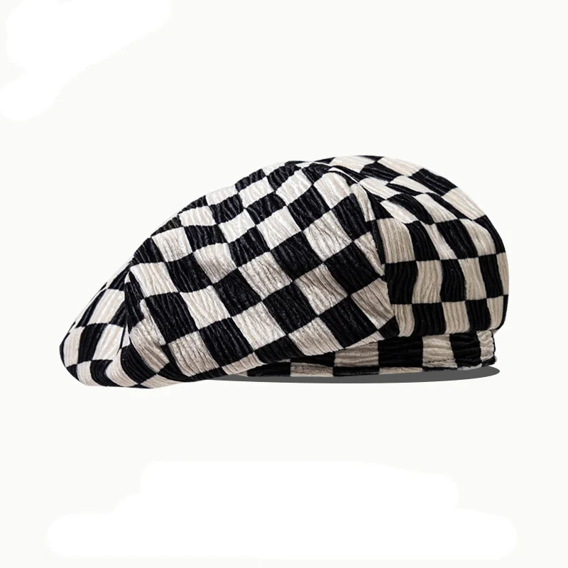 

Checkerboard Plaid Beret Female spring and autumn winter black and white plaid hat British Retro Painter Hat Cloud Caps