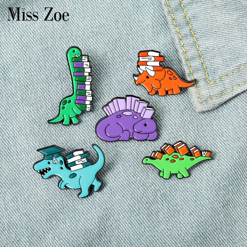 Dinosaur and Books Enamel Pin Custom Reading Habit Animal Brooch Bag Clothes Lapel Pin Badge Cartoon Jewelry for Kid Friend