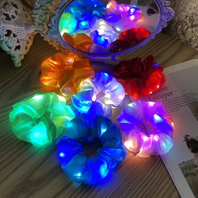 LED Bright Flashing Satin Large Intestine Hair Ring  Light Up Scrunchies  Bar Dance Luminous Headdress  Halloween Christmas