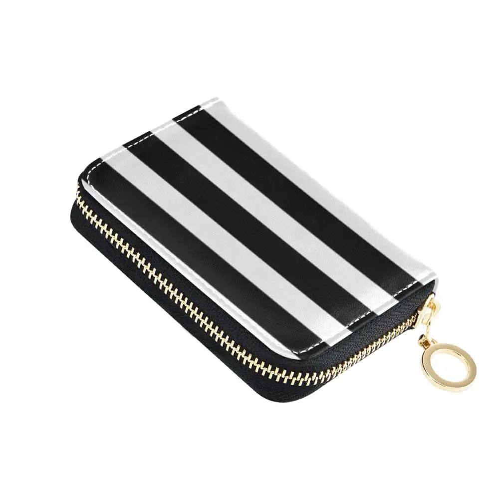 

AlAZA New Designer Brand Fashion Women Card Holder Black White Stripe Printing Zipper Leather Wallet Credit Cards Case Bag