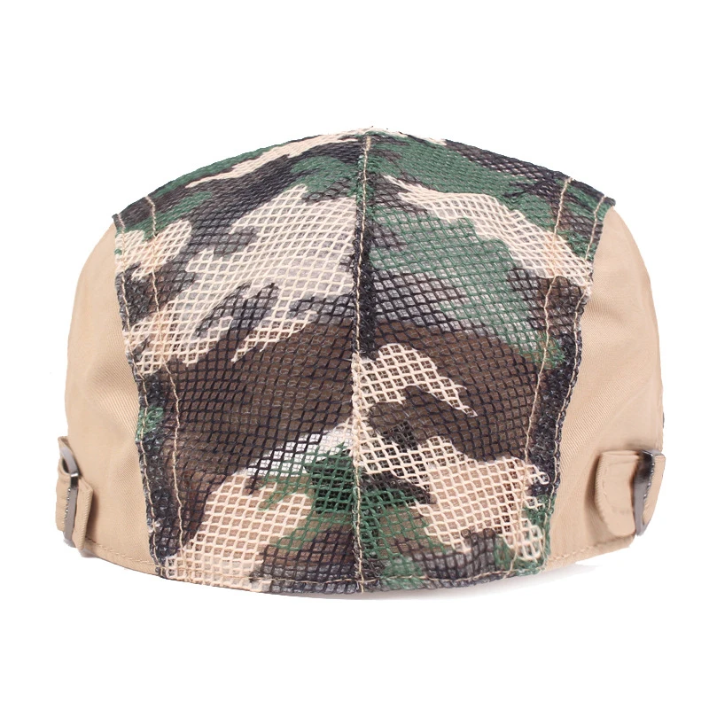 Men Women Camouflage Duckbill Beret Cap Hollow Breathable Mesh Gatsby Cap Adjustable Cabbie Newsboy Driving Hunting Flat Hat