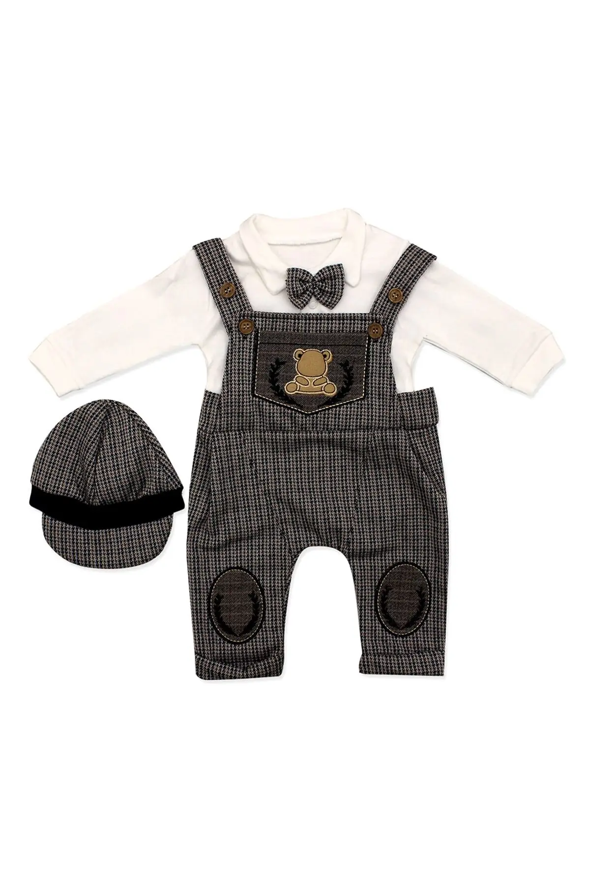 Papyonlu Teddy Bear Pattern Hat Salopet Jumpsuit-Coffee