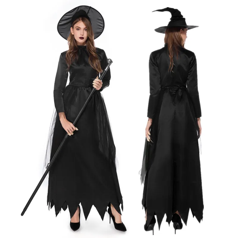 Halloween Heks Kostuum Voor Vrouwen Adult Sexy Black Tovenares Lange Jurk Hoed Carnaval Party Vrouwelijke Pak