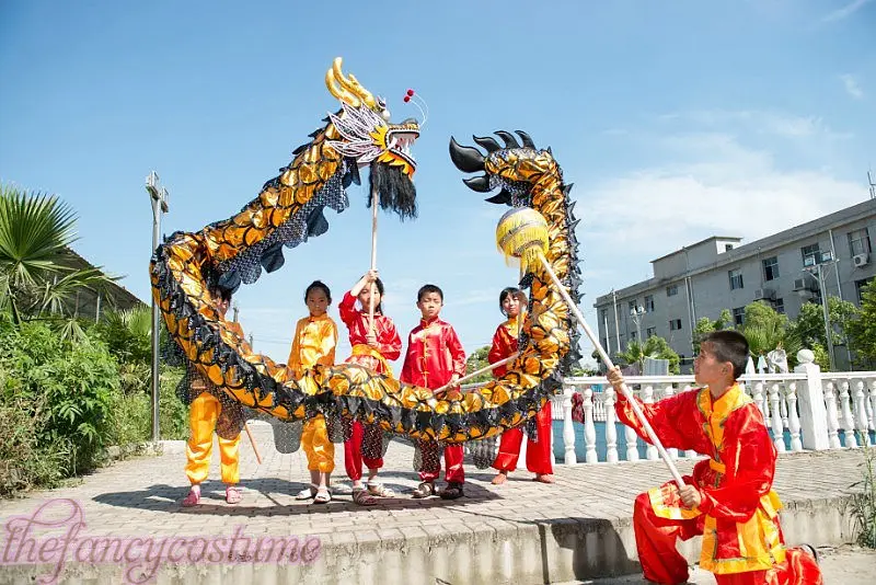 4m Size 5 Golden Dragon Dance Costume Student  4 Players Children  Spring Day  Party Christmas Parade Folk Stage  Carnival China